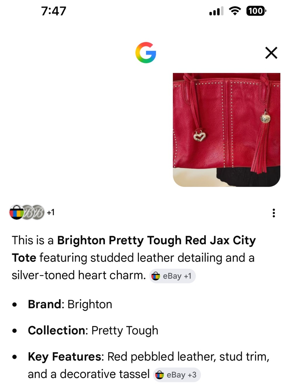 Brighton Red Studded Leather Tote Bag with Tassel and Heart charm - Picture 5 of 9
